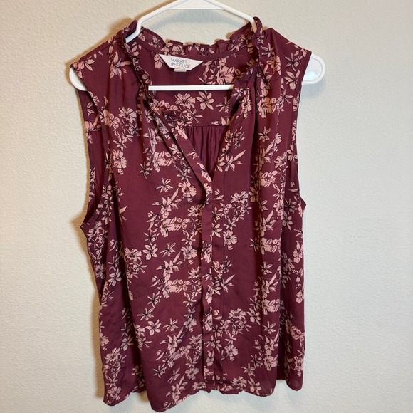 Market & Spruce XXL Floral Print Sleeveless Blouse Top Ruffle Neck Burgundy - Picture 1 of 5